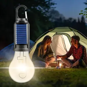 Solar rechargeable camping light with hook, LED solar tent lights for camping with clip hook, portable hanging light bulb for hiking, fishing, and outdoor activities.