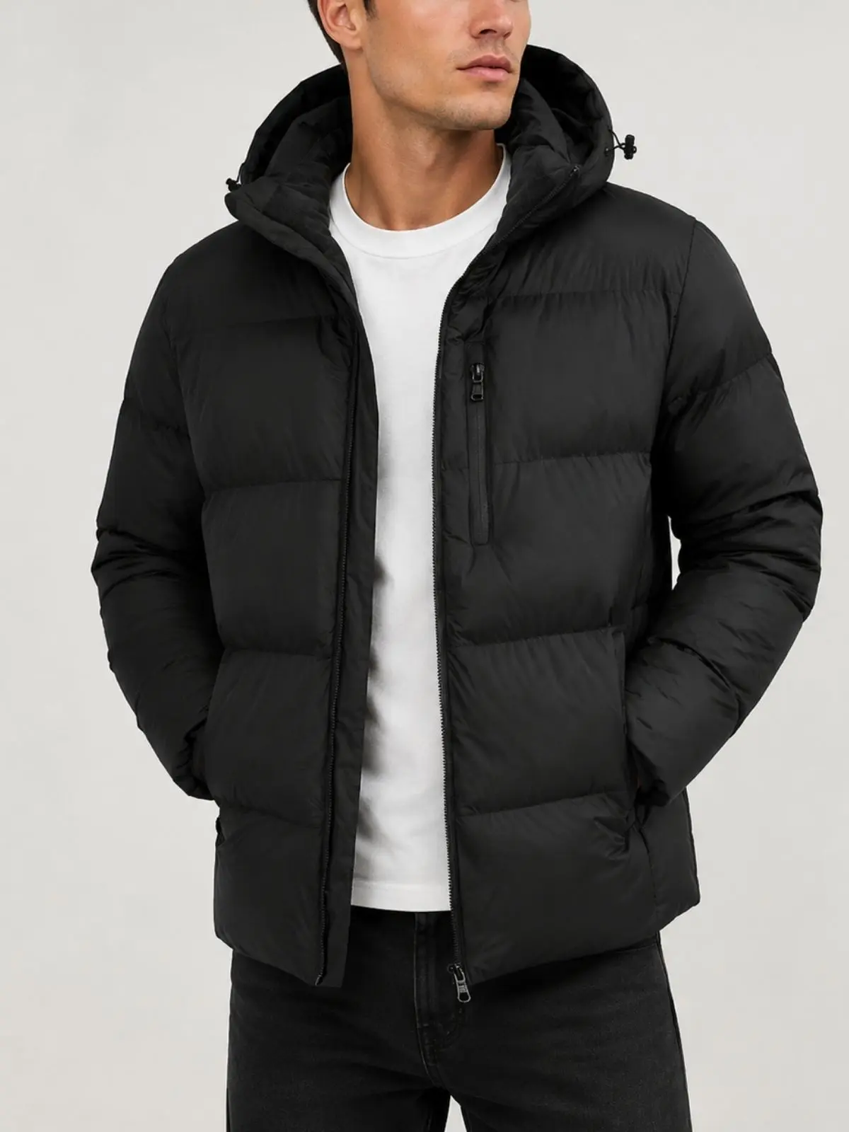 Men’s Minimalist Plain Polyester Fleece-Lined Hooded Cold-Weather Puffer Jacket - Casual Zip-Up Foldable Outerwear for Winter Tops Menswear