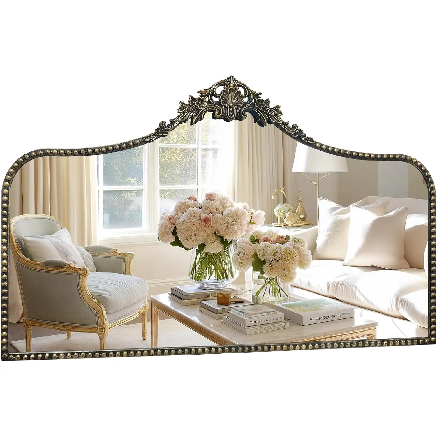 G-LEAF Arch Antique Vintage Baroque Mirror, 48"X30" Black Brush Gold Ornate Metal Frame Mirror with Gold Accents - Wall-Mounted/Hangable for Living Room, Bathroom - Vintage Room Decor, French Country Style