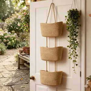 Over the Door Hanging Basket, 3-Tier Woven Cotton Wall-Mounted Storage Organizer Bag Decorative Hanging Nursery Baskets - Jute