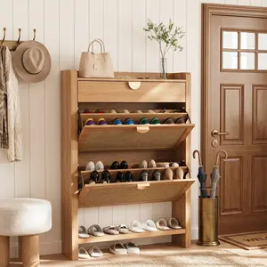 Shoe Cabinet with 2 Flip Drawers, Entryway Storage Organizer, Hidden Shoe Rack Narrow Freestanding Design Natural Oak
