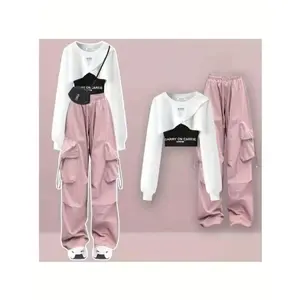 Spring and Autumn Work Style Set Women Loose Design Sweatshirt + Suspenders + Work Wide Leg Pants Three Piece Set