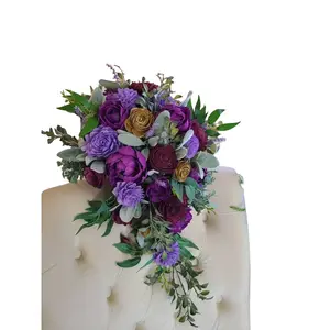 Cascade bouquet, sola wood flower teardrop bouquet,  purple and gold flowers,  spring bouquet