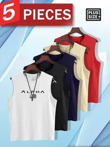 5pcs Men's Plus Size ALPHA USA Flag Graphic Classic Sleeveless Tank Top, Casual Loose Fit Crew Neck Vest, Trendy Streetwear Tops for Summer, Daily Commute & Lounge