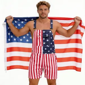 Unisex 4th of July Breathable Flag Romper – 250th Anniversary Stretchy American Short Denim Overalls, Soft Bib Pants for Memorial Day Parade, Casual Jumpsuit for Couples, Summer Beach Vacation Coveralls