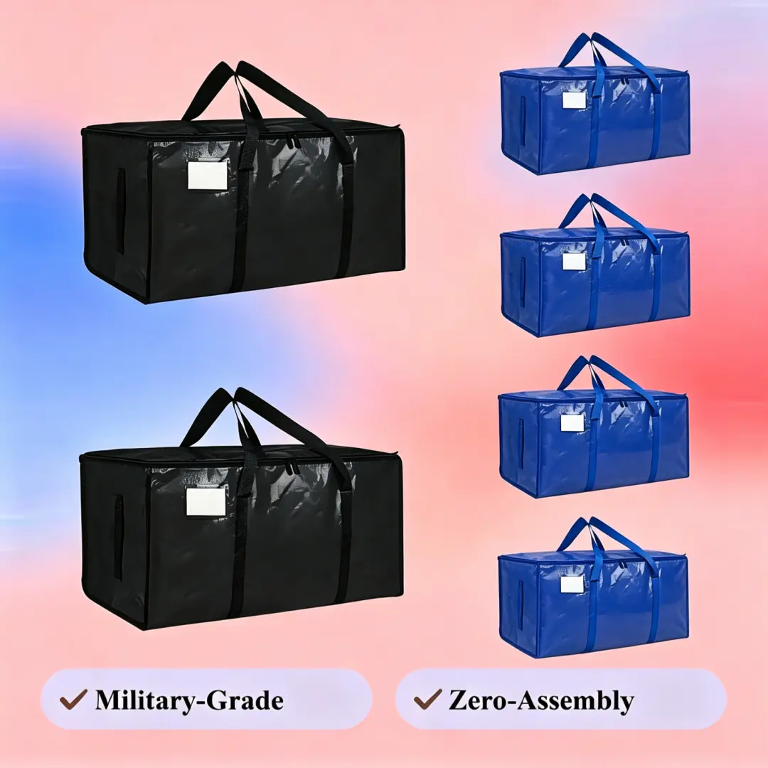 6 Pack Sturdy Top Zipper Bags - Extra Large Waterproof Versatile Multipurpose Storage Bags with Zippers, Reinforced Handles, Collapsible Space Saver Storage for College Dorm Moves, Moving Box Alternative