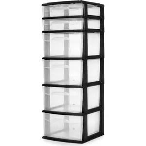 Drawer Tower, 6-Tier Clear Plastic Storage Organizer Cart, Black Frame - Heavy-Duty Organizing Drawers for Home, Bedroom, and Closet Organization