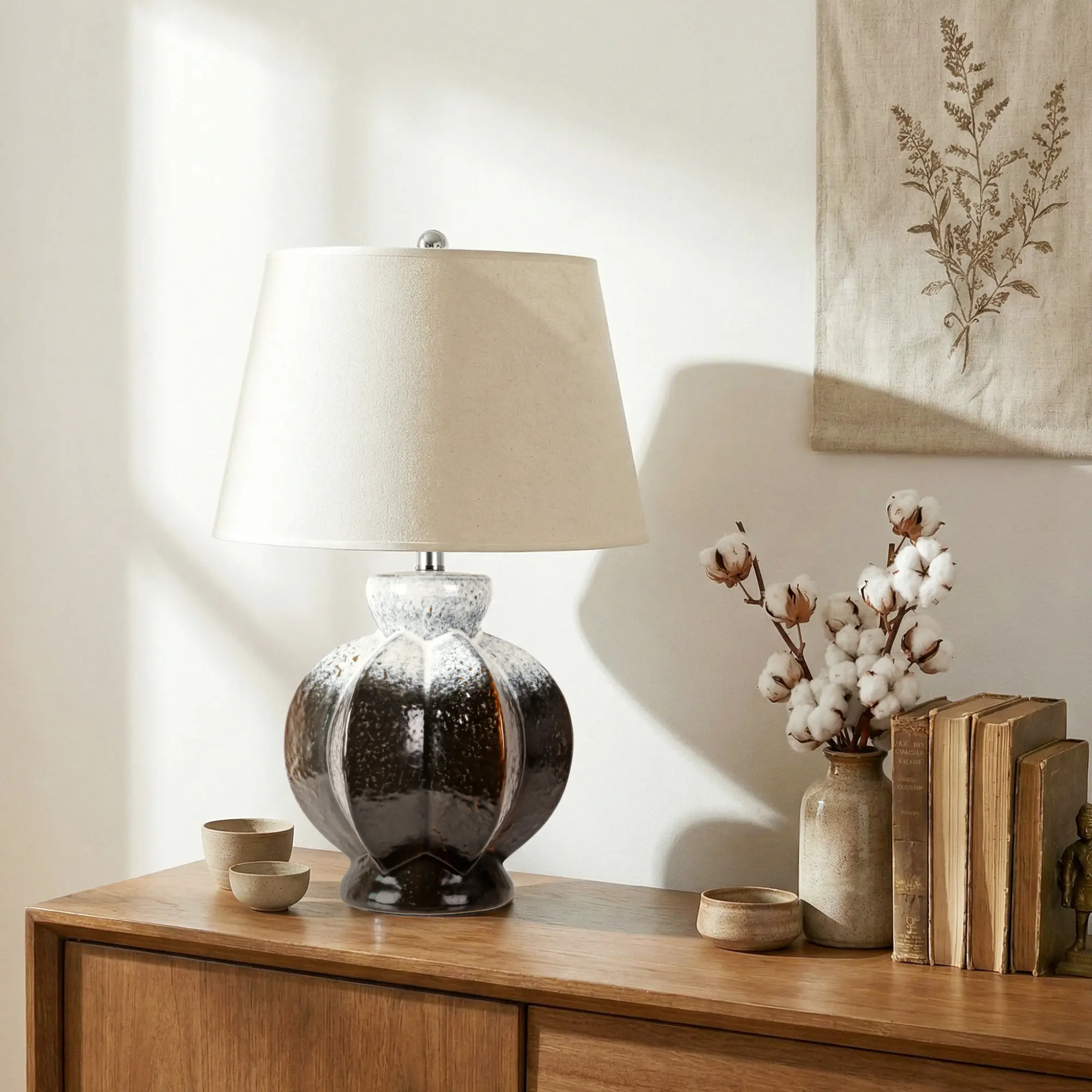 Dark Brown & Gray Ombre Ceramic Table Lamp, Unique Sculptural Base Bedside Lamp for Farmhouse Home