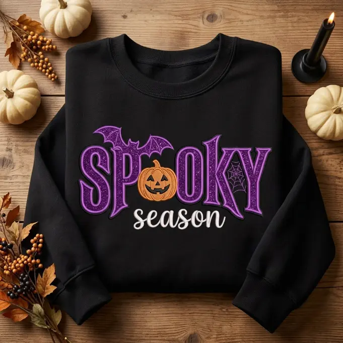 Spooky Season Embroidered Sweatshirt, Glitter Halloween Crewneck, Pumpkin Appliqué Sweatshirt, Cozy Fall Sweater, Autumn Embroidered Pullover, Halloween Gift