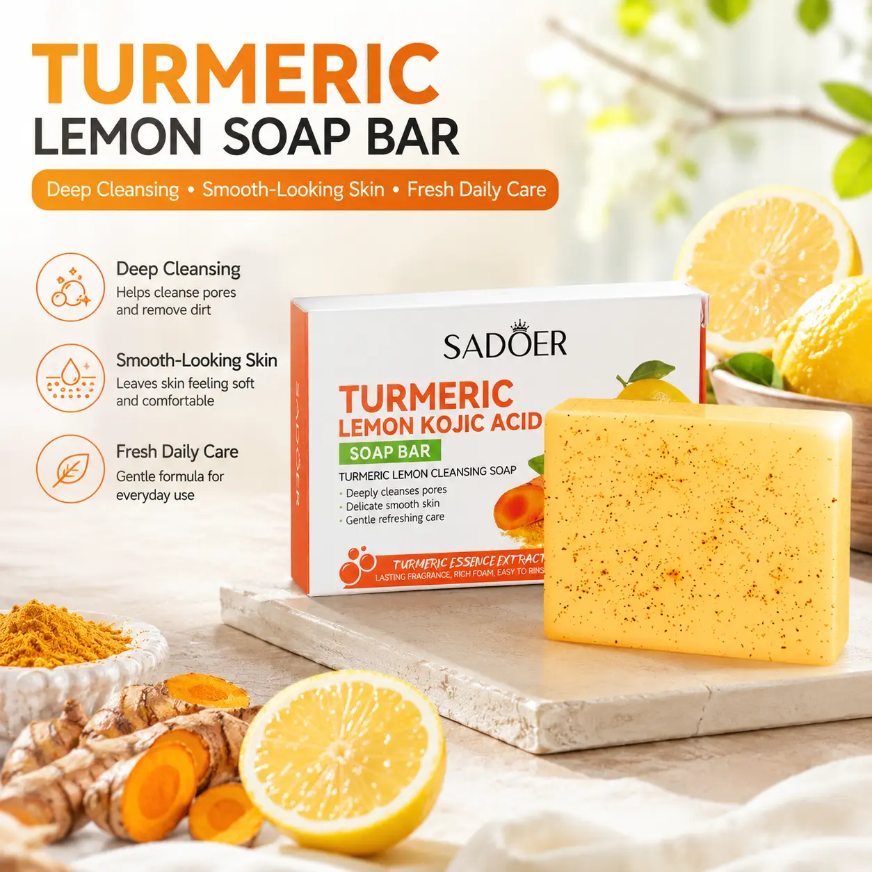 Turmeric Lemon Kojic Acid Solid Soap Bar - Rich Foaming Body Wash with Citrus Aroma, Deep Cleanse for Daily Shower & Face Care (Beauty & Personal Care, Bath & Body Essentials)