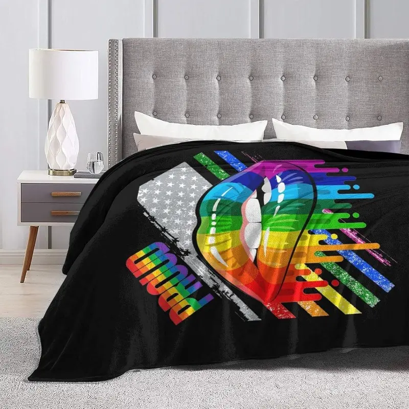 1pc Warm Polyester Knit Blanket - Contemporary Lesbian Pride Rainbow Lips Flannel Throw, Soft, Wrinkle Resistant, 250-300gsm, for Bed/Sofa, Christmas, Father's Day, Whimsical Home Decor