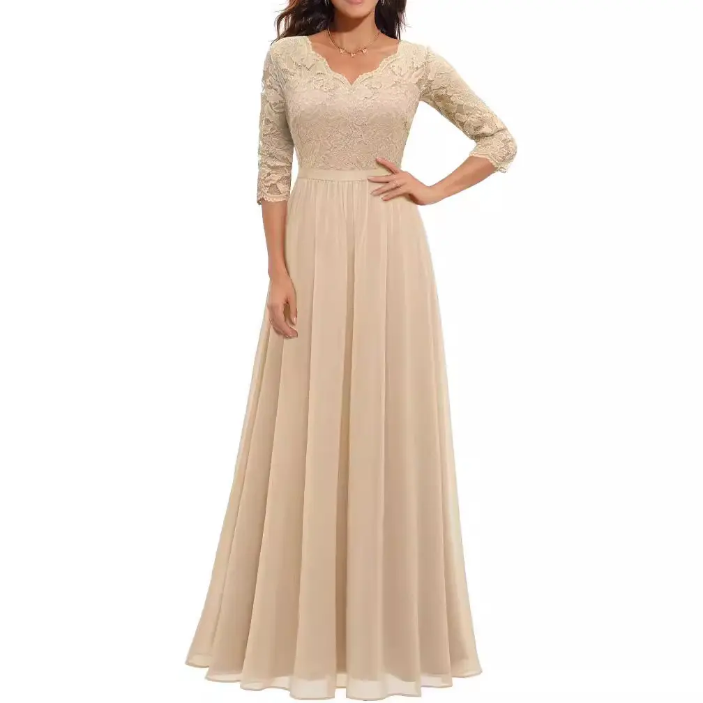 6 Colors 5 Sizes New European and American Hot Selling Amazon Dress Lace Patchwork Long Waist Elegant Gown Dress