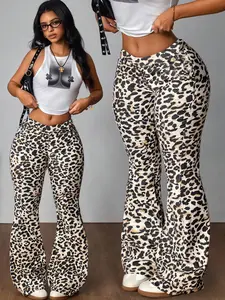 Women's Leopard Print Flared Leg Design Sweatpants, Casual Comfy Bell Bottom Trousers for Daily Wear, Ladies Bottoms for Spring & Fall, Bohemian Trousers