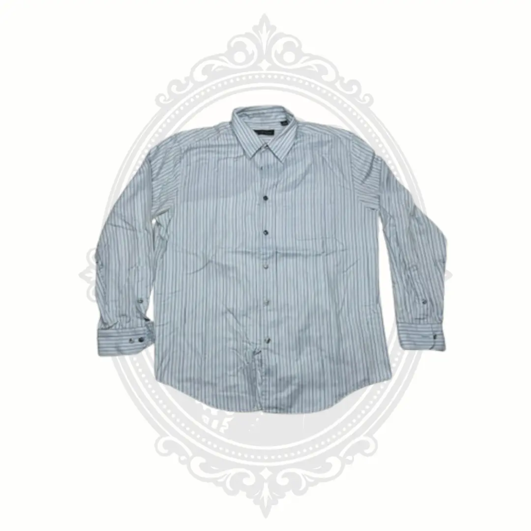 Kenneth Roberts Platinum Menswear Long-Sleeve Classic Casual Blue & Sage Herringbone Stripe Fabric Dress Shirt (Size L), Office, Striped, Tops
