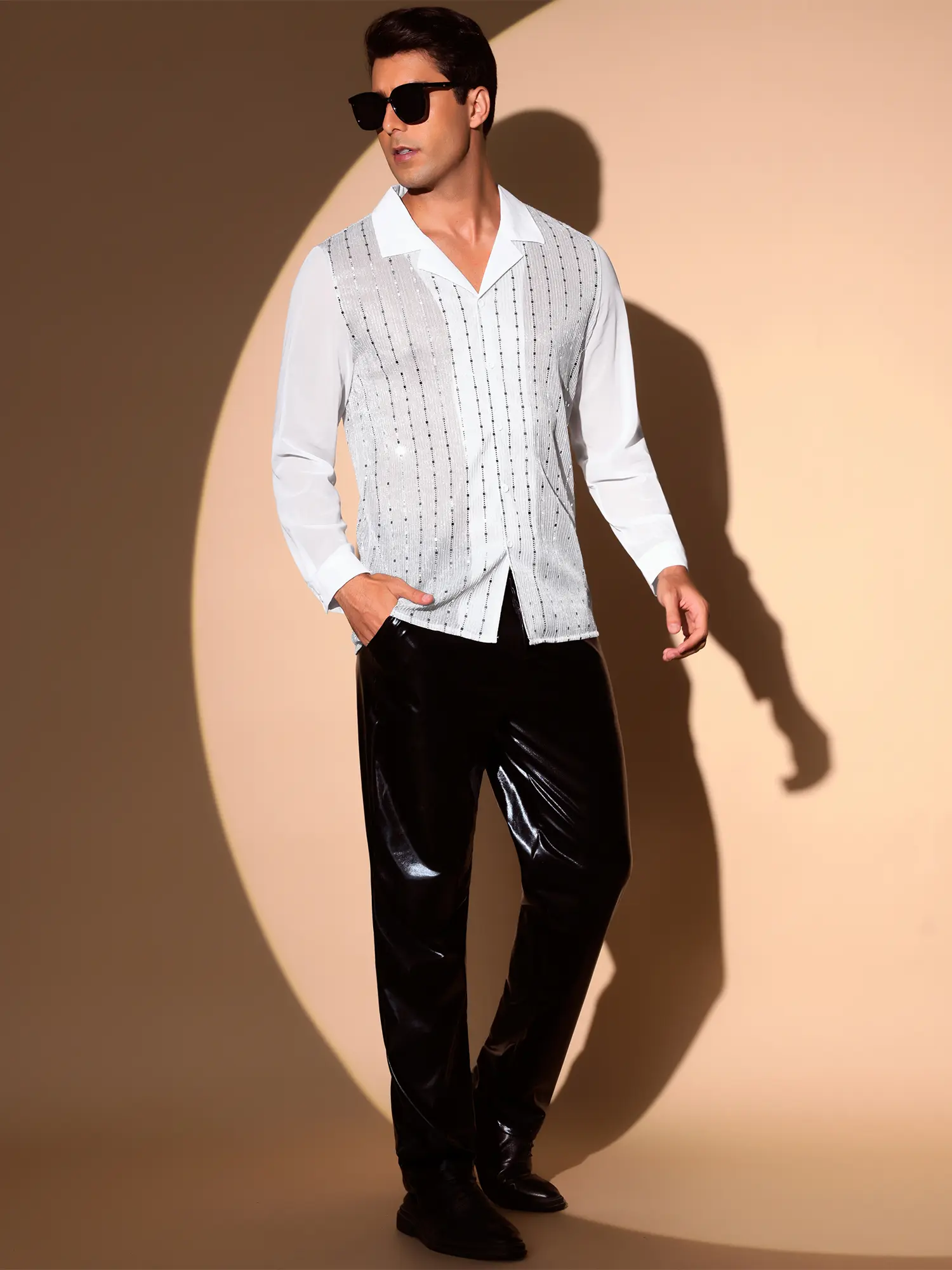 INSPIRE CHIC Sheer Shiny Shirts for Men's Metallic Long Sleeve Disco See Through Sequin Shirt