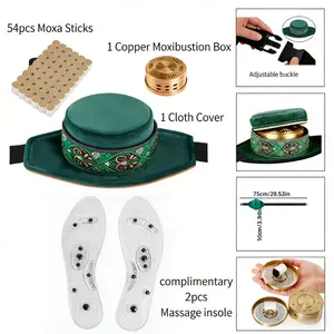 Smokeless Copper Moxibustion Box for Neck, Knee, Waist, Shoulder & Back | Moxa Therapy Tool for Dampness Relief | Complete Kit with 54 Moxa Sticks, Cloth Cover & Massage Insoles | Home Wellness Moxa Device