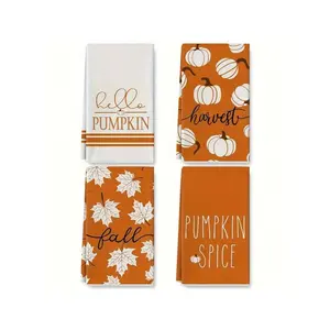 4pcs Multicolor 1-Size Harvest Theme Text Print Kitchen Towels - Orange & White Pumpkin & Maple Leaf Design With "Hello PUMPKIN" & "Fall Spice" Text, Soft Polyester Dish Towels For Thanksgiving, Farmhouse Cleaning, Fall Decor, One Size