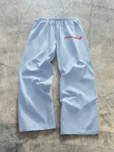 Unisex Blue Striped Wide Leg Pants, Letter Print, Casual Style, Breathable Comfort Design, Perfect for Daily Wear, Leisure, Home Use, Casual Chic Trousers