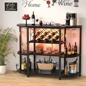 Bar Table Cabinet with Power Outlet, LED Home Bar Cabinet for Liquor, Utensils Kitchen Bottle Coffee Holder Rack Colorful Drink Black