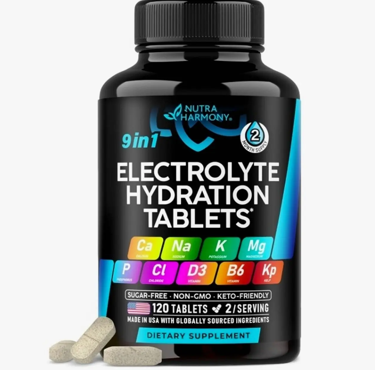 Electrolyte Tablets with Magnesium, Sodium, Potassium, Chloride - 120 Tabs | Electrolytes Salt Pills with Kelp Powder, Vitamins D3 & B6 - Vegan & Keto Friendly Oral Tablets as Capsules - Lab Tested