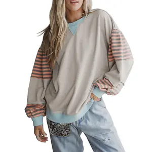 Znacicc Women's Pullover Sweatshirts Jet Stream Striped Colorblock Patchwork Round Neck Drop Shoulder Sweatshirt with Striped Sleeves Winteroutfit