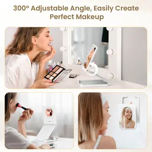 Lighted Travel Makeup Mirror, Portable 1X Makeup Mirror with 5x Lighting Magnification, 72 LED 3-color Lights, Rechargeable 1000mAh Battery, Freely Adjustable Height and Angle
