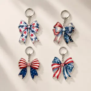 Patriotic Bow Keychain, USA Flag Ribbon Acrylic Keyring, Red White Blue Star Stripe Bowknot Charm, 4th of July Gift, Cute Bag Accessory