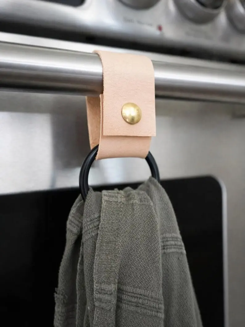 Leather & Metal Towel Ring Holder for Kitchen - Oven Door Handle Towel Hanger - Farmhouse Home Decor