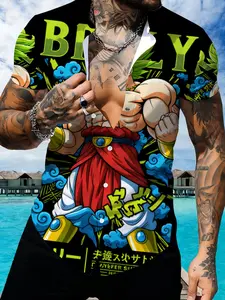 Dragon Ball Broly Theme Short Sleeve Shirt, Casual Graphic Shirt, Men's Cartoon Anime Printed Casual Top, Summer Beach Shirt, Menswear