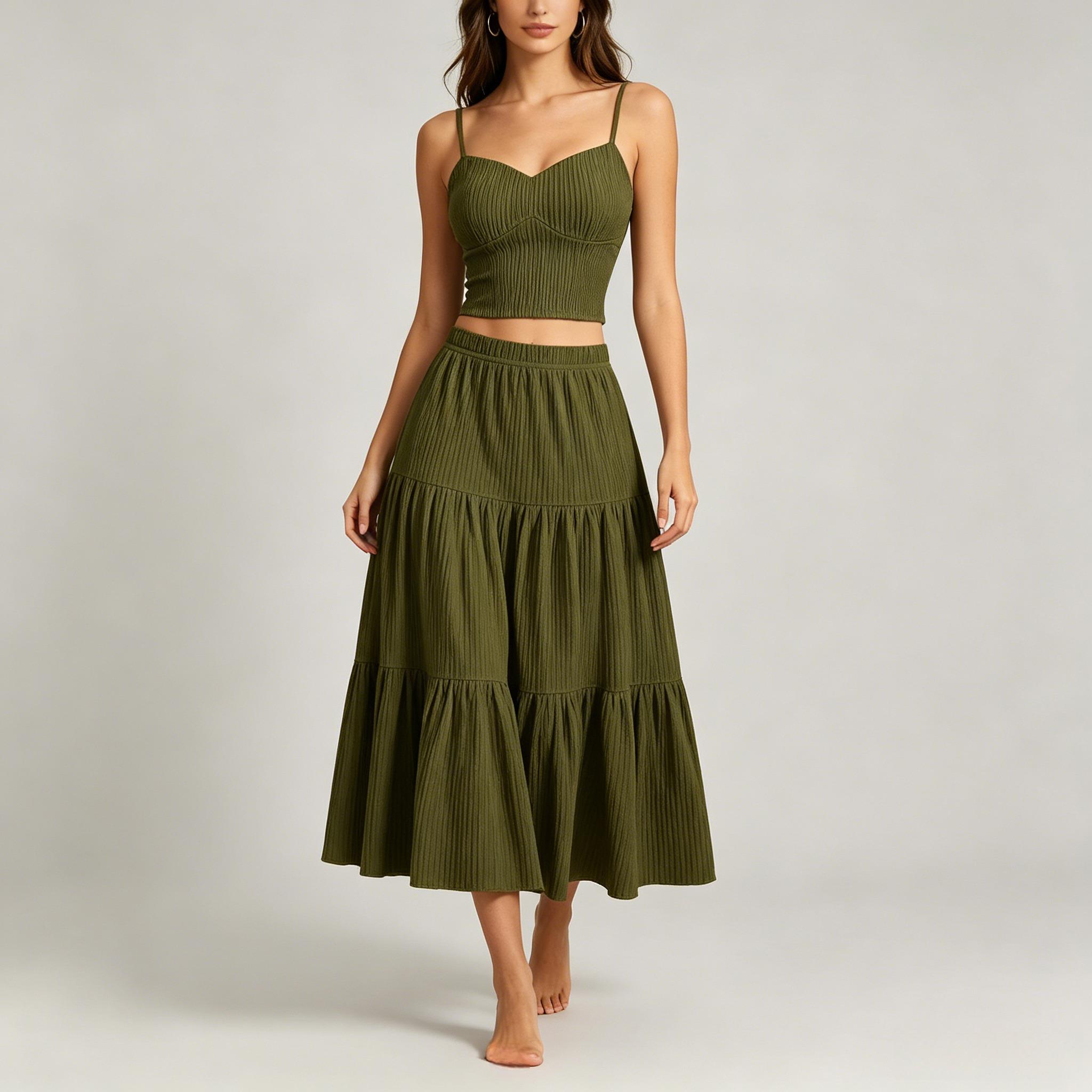 Women's Solid Crop Cami Top & A-Line Skirt Two-piece Set, Casual Fashion Cozy Outfits for Daily Outdoor Wear, Ladies Clothes for Summer