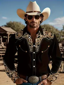 Men's Vintage Western Cowboy Style Shirt, Button Decor Print Long Sleeve Top, Slim Fit Casual Jacket, Men's Western Fashion Clothing