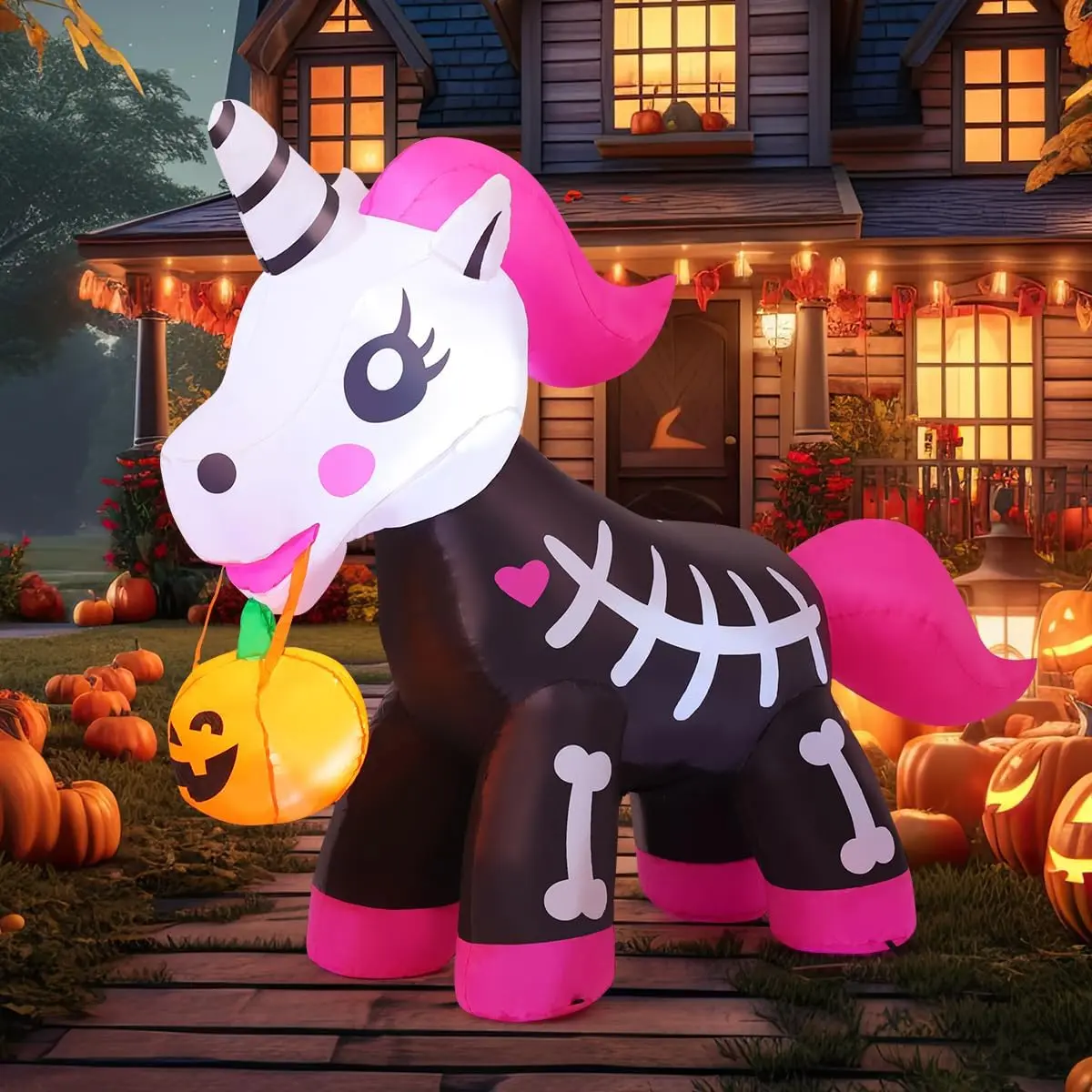 5ft Halloween Inflatable Skeleton Unicorn - with Pink Style, Built-in LEDs - Cute Blow Up Ornament for Porch, Lawn
