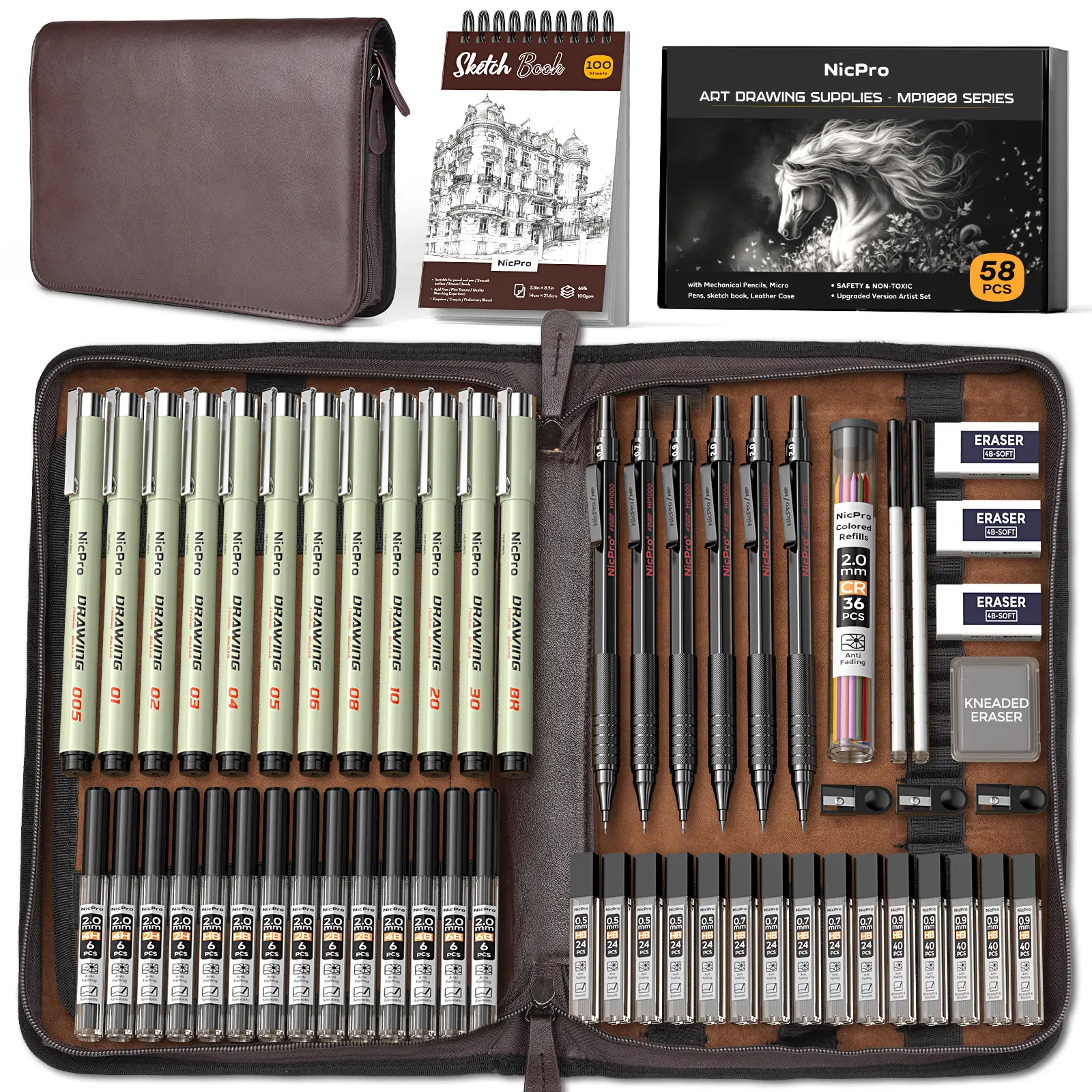 Nicpro 58-Piece Deluxe Leather Case Art Set - Office Stationery Kit with Crafting Supplies, Writing Tools, 0.5/0.7/0.9/2mm Metal Drafting Mechanical Pencils, 12-Micron Pen, 30 Tube Lead Refills for Artists, Writing Tool