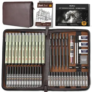 Nicpro 58 PCS Art Drawing Supplies Kit in Leather Case, Art Mechanical Pencil Set with Metal Drafting Pencil 0.5 & 0.7 & 0.9 & 2mm, 12 Micron Pen, Sketch Book, 30 Tube Lead Refills for Sketching