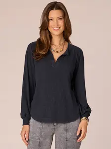 Long Blouson Sleeve Mandarin Collar Half Placket Mixed Media Knit Top