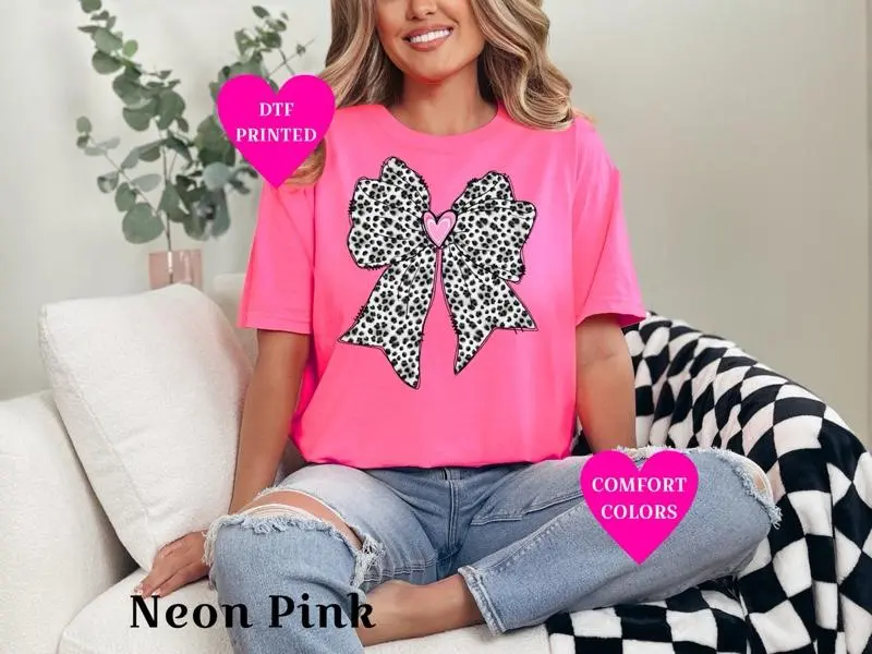 Leopard Bow T-shirt on Comfort Colors Summer Everyday Style Shirtsleeve love casual comfortable super soft relaxed fit unisex Sizing womenswear Streetwear  vintage Crewneck Printed Loose Graphic Top
