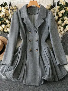 Plus Size Women's Solid Color Knit Warm Fashion A-Line Pleated Long Sleeve Button Front Woolen Coat Without Inner Lining Jackets