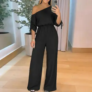 ChicMe Women's One Shoulder Jumpsuit with Drawstring Sleeves High Waist Wide Leg Overalls Flowy Comfy One-Piece Romper