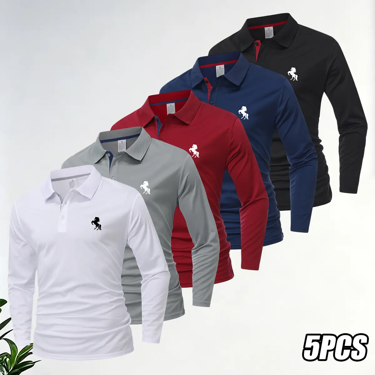 Men's Polo Shirts, 5 Pack Long-Sleeve Plain Look Polyester Clothes with Button Close, Sport Casual Tops for Golf & Tennis