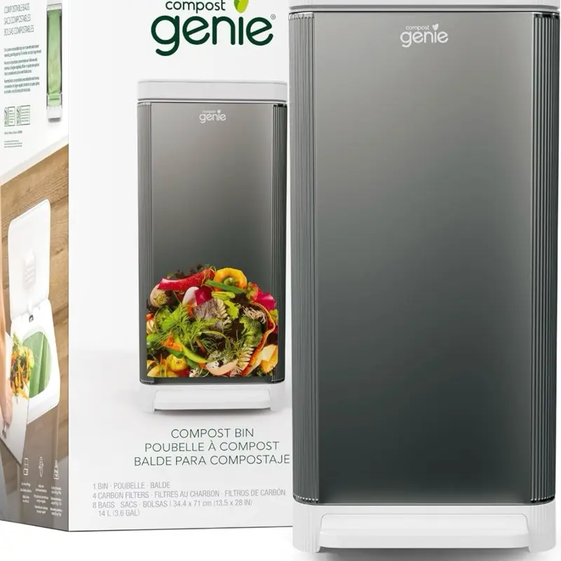 Compost Genie Kitchen Compost Bin, White Stainless-Steel Large, 3.6 Gallon, Indoor Odorless Composting, Hands-Free, Washable Parts, Includes 8 Tear-Off Compostable Bags and 4 Carbon Filters