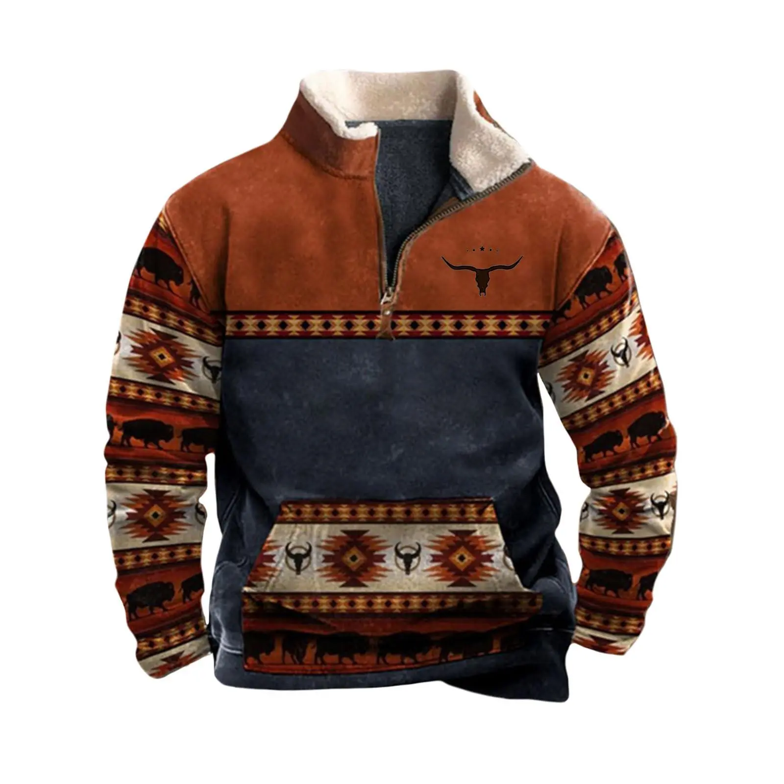 Men's Cowboy Sweatshirts Casual Warm 1/4 Zip Long Sleeve Stand Collar Fleece Pullover Vintage Western Aztec Sweaters