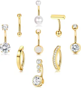 9 Pcs Gold Belly Button Ring Surgical Stainless Steel Belly Rings CZ Opal Pearl Belly Button Ring Clicker Belly Piercings for Women Navel Piercings Pack Silver/Gold