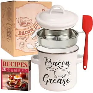 46OZ Bacon Grease Container with Strainer and Food-Grade Silicone Spatula, Large Enamel Rustic Farmhouse Fat Keeper (Dishwasher Safe)，Kitchen Utensils