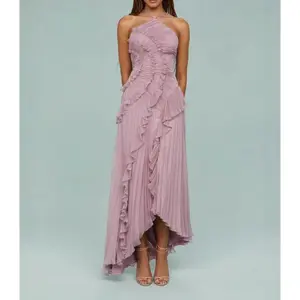 Women's Ruffled Halter High-Low Maxi Dress, Boned Low-Cut Pleated Formal Cocktail Party Dress, Vintage Elegant Summer Outfit, Summer Vibes, Summer Soccer Game Day