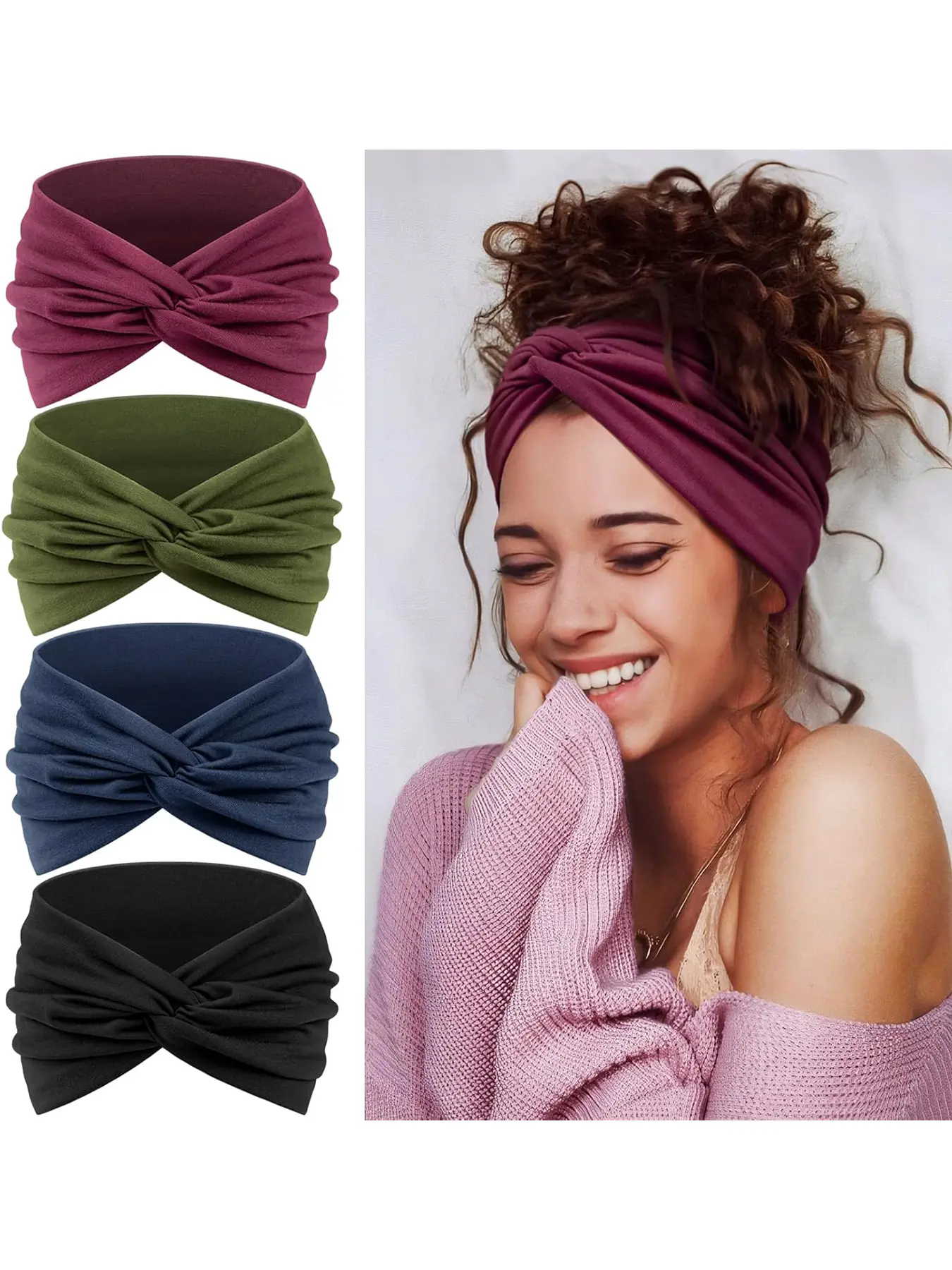 Women's Bohemian Boho 4-piece combination headdress Elastic Headbands - Fashionable elastic Knotted adult women's soft suit for yoga and exercise - parties and other occasions Headband Head Wrap Headband Set Workout Headband (purple, black, blue, green)