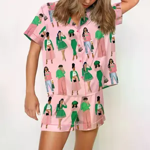 AKA Sisterhood Pink Pajama Set For Women Print Comfy Satin Sleepwear