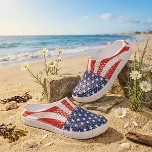 Men'S Slip-On Flats That Are Breathable, Comfortable, Lightweight, Durable, And Soft, Showcasing a Design with Red And Blue Stripes, Stars, And The American Flag. They Feature a Round Toe, Thick Sole, And Low-Top Style