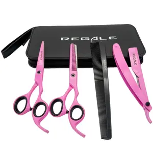 REGALE Professional Barber Kit — 4-Piece Pink Hair Cutting & Thinning Shear Set with Straight Razor, Comb & Case