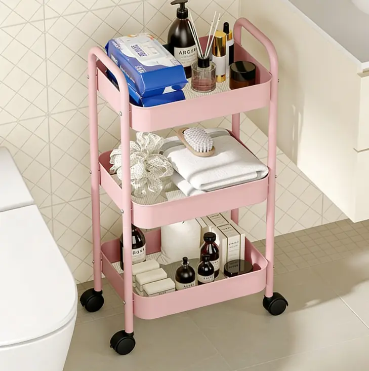 Heavy Duty Metal 3-Tier Rolling Utility Cart | Lockable Silent Wheels, White & Pink - For Office, Living Room, Kitchen newborn baby organizer Clear Storage narrow multifunctional rack