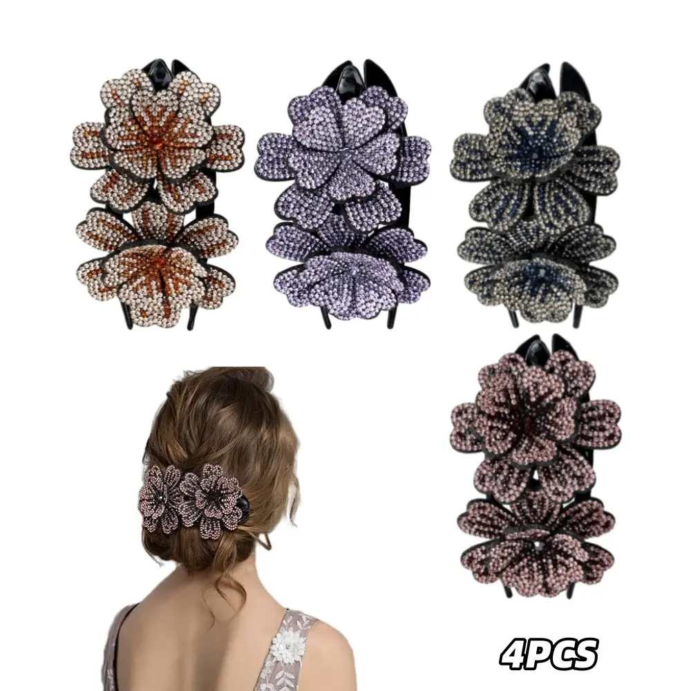 4pcs Double Flower Claw Clip, Suitable For Thick Long Hair, Sparkling Crystal Rhinestone Plastic Hair Clips, Women's Hair Accessories